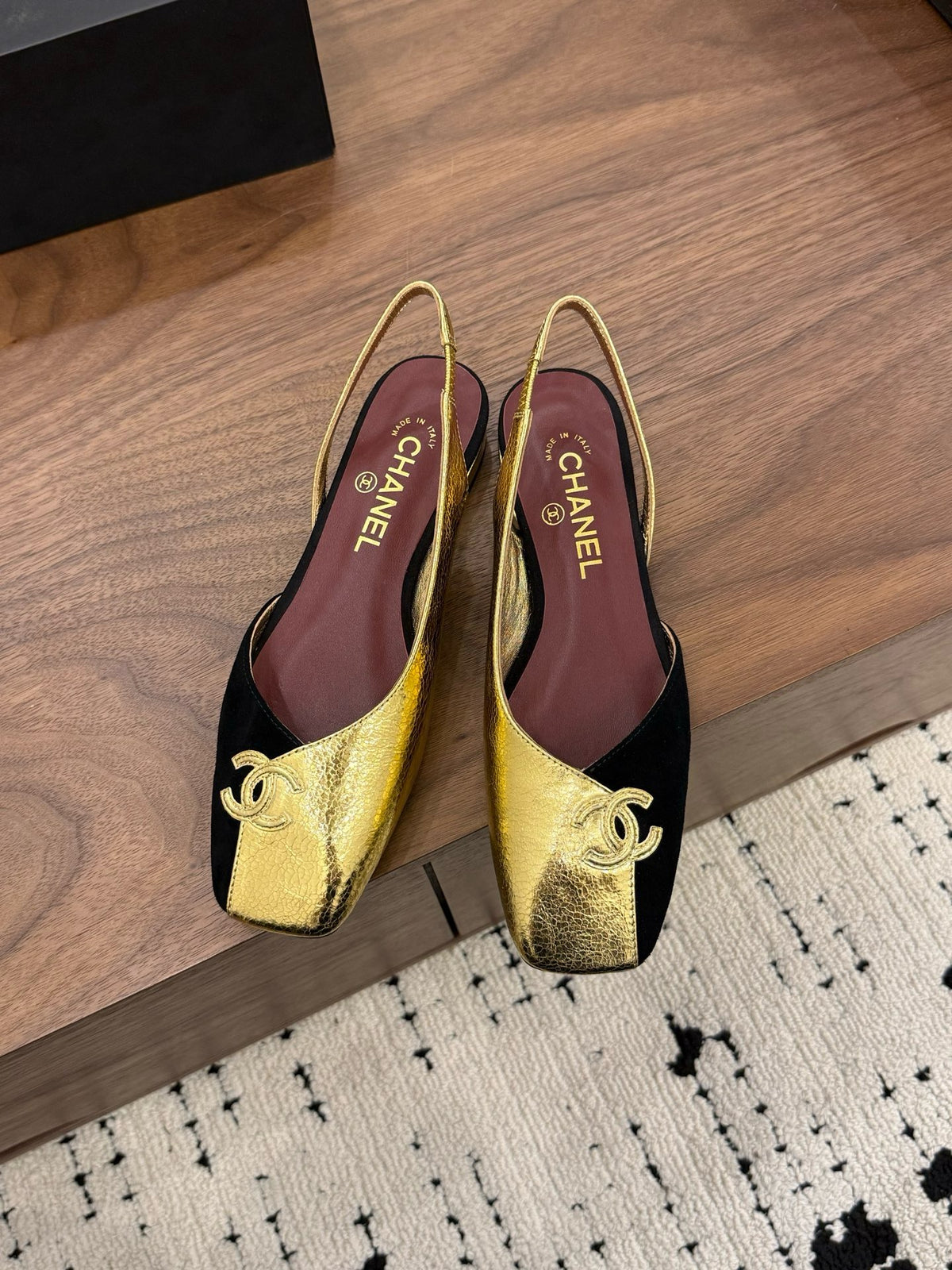 Two-Tone Leather Flat Slingbacks