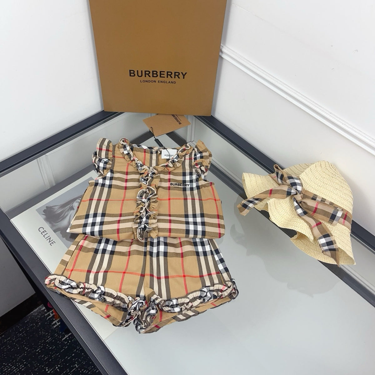 Vintage Check Top Shorts & Straw Hat Set