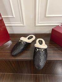 Horsebit Shearling-Trimmed Mules