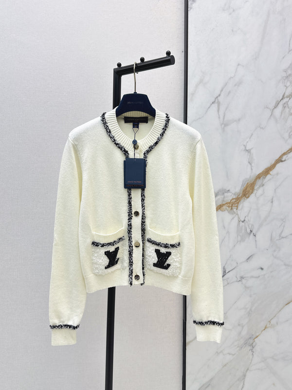 Monogram Pocket Tweed-Trim Cardigan