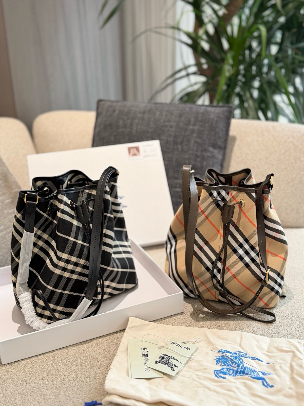 Check Drawstring Cotton Bucket Bag
