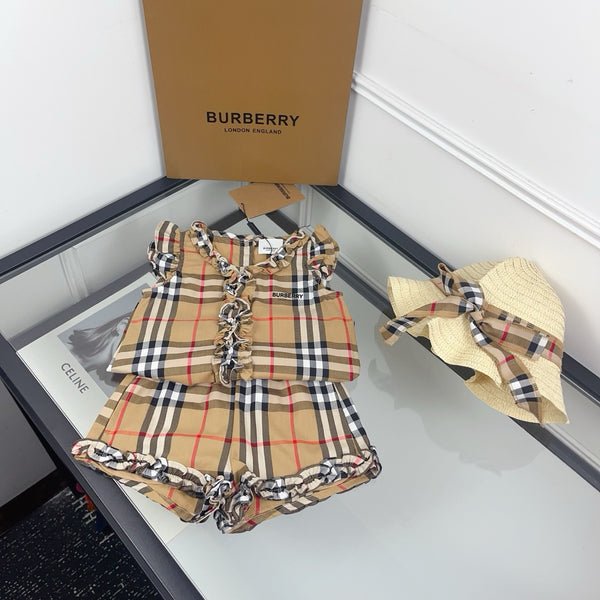 Vintage Check Top Shorts & Straw Hat Set