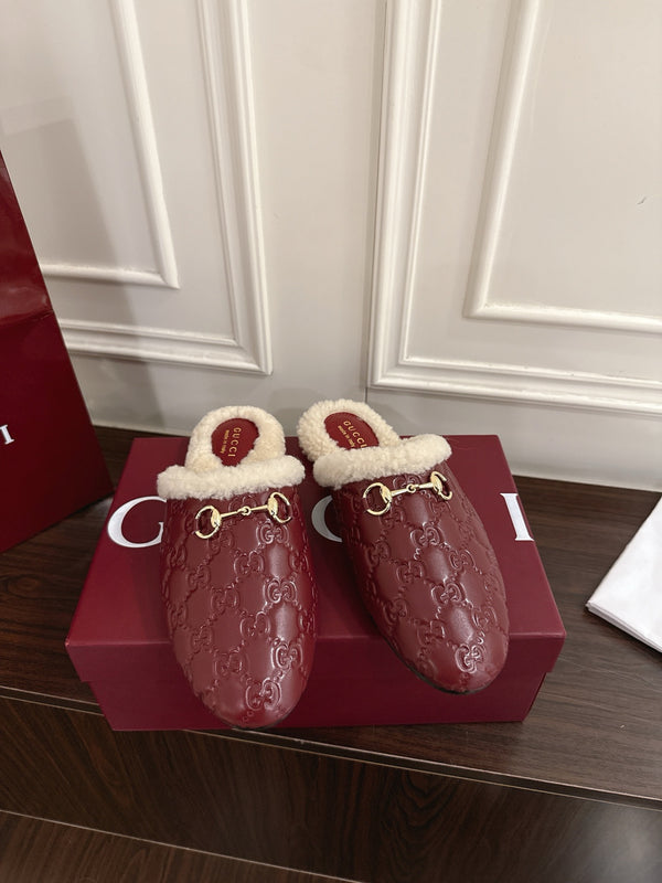 Horsebit Shearling-Trimmed Mules