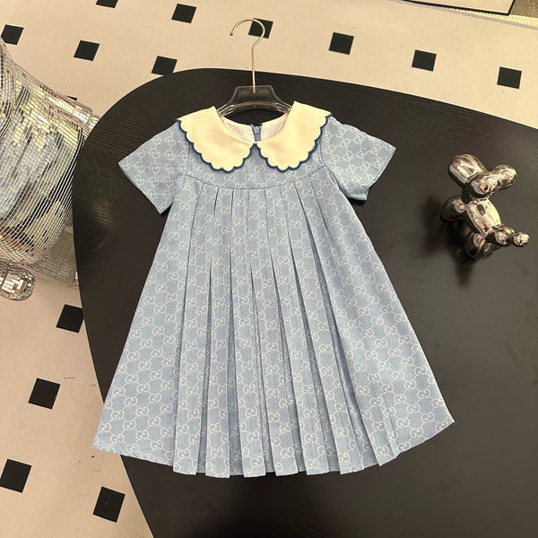 Monogram Pleated Dress with Peter Pan Collar