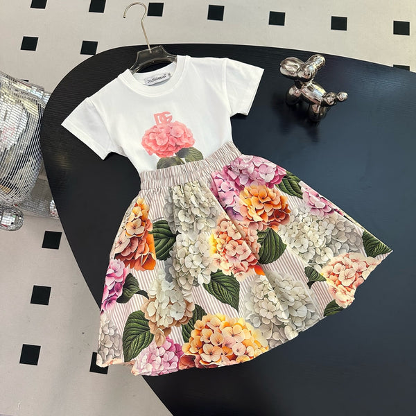 Floral Tee & Hydrangea Midi Skirt Set