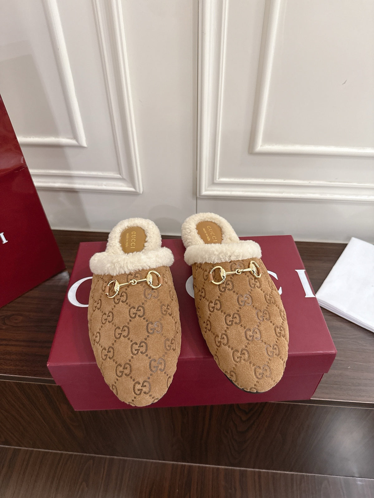 Horsebit Shearling-Trimmed Mules