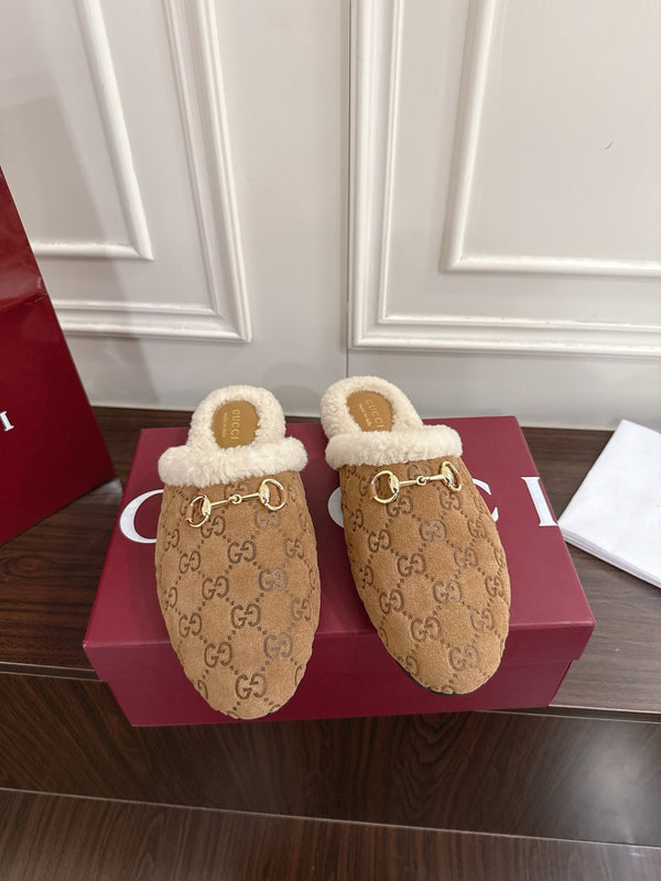 Horsebit Shearling-Trimmed Mules