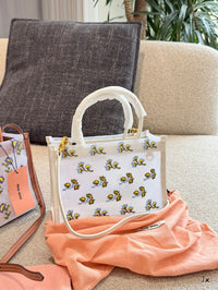 Embroidered Mesh Top Handle Bag