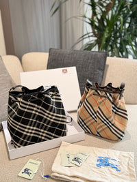 Check Drawstring Cotton Bucket Bag