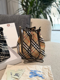 Check Drawstring Cotton Bucket Bag