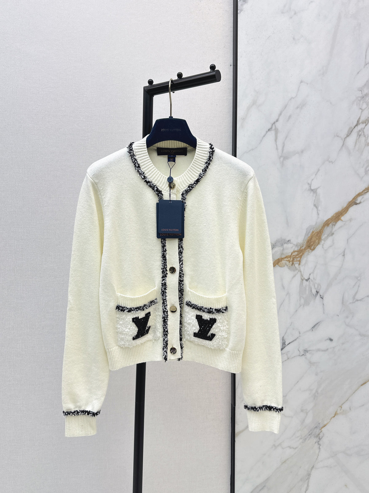 Monogram Pocket Tweed-Trim Cardigan