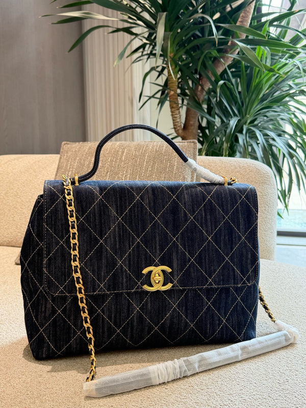 Denim Top Handle Flap Bag