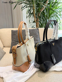 Large Linen Leather Tote Bag