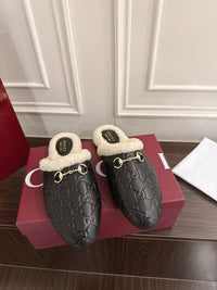 Horsebit Shearling-Trimmed Mules
