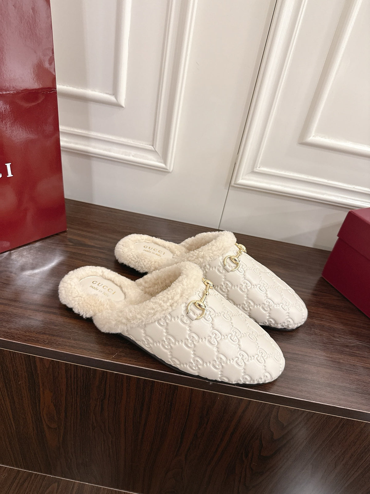 Horsebit Shearling-Trimmed Mules