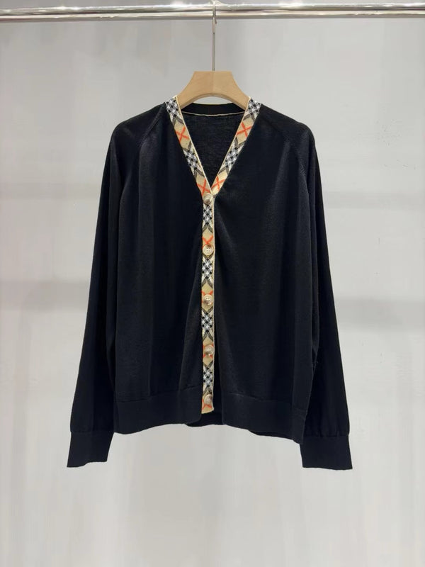 Check Trim Wool Cardigan
